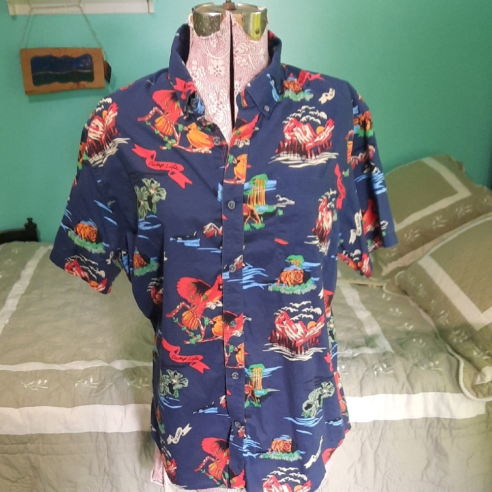Navy Blue Casual Button Down Shirt with Tropical Print